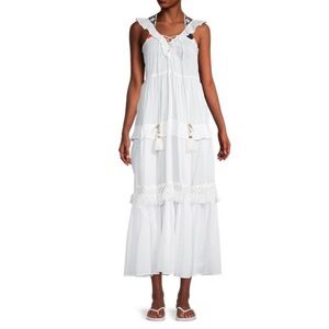 TRUE DESTINATIONS White Cotton Bohemian Sleeveless Tiered Maxi Dress Coverup M